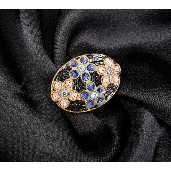 Rare Find Vintage 1940s Italian Signed Micro Mosaic Floral Oval Brooch - Picture 3 of 5